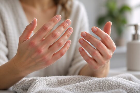 Close-up of a woman carefully examining her hands after washing, illustrating contamination anxiety and obsessive-compulsive disorder