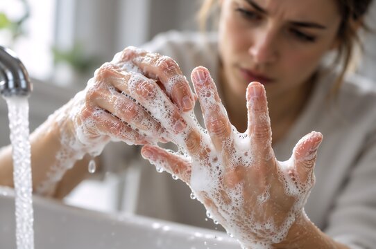 Close-up of a woman thoroughly washing her hands with soap under running water, illustrating contamination fear and compulsive handwashing in OCD