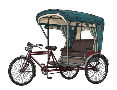 Vintage pedicab classic colorful old-fashioned bicycle rickshaw transportation vehicle.