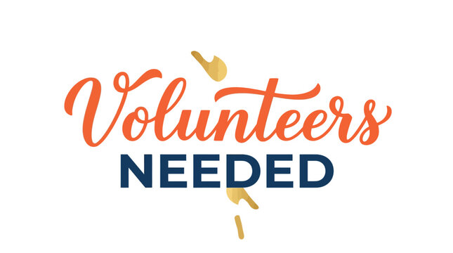 Volunteers needed typography vector illustration featuring elegant orange script letters and bold dark blue block text design
