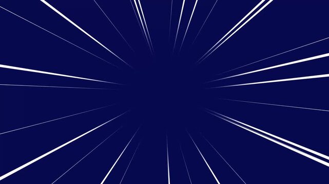 Anime radial zoom effect, white speed lines bursting rapidly from a central point, 4k comic motion background on blue screen, seamless loop animation
