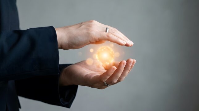 Business professional hands gently cradle a glowing orb symbolizing ideas, innovation, and collaborative potential in a modern corporate workspace.