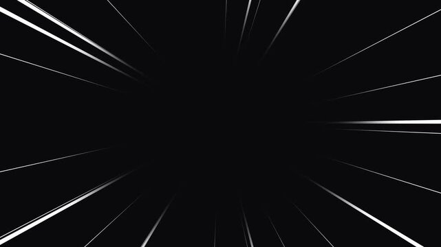 Black background speed lines, white lines racing from center toward the edges, transitions and impact moments, high energy 4k  radial zoom motion graphic