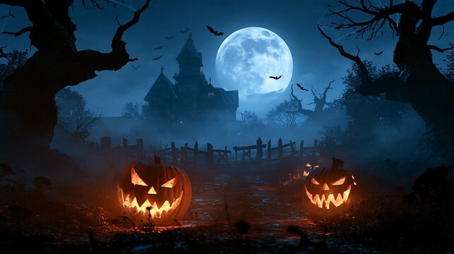 Eerie halloween night scene with two carved pumpkins glowing in the foreground before a dark haunted house under a large bright moon