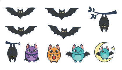 Obraz premium Collection of cute cartoon bats in different poses, flying, hanging upside down, holding an apple, and sitting on a moon.