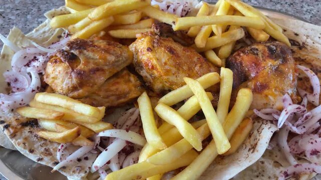 Grilled Chicken with French Fries and Sumac Onions on Flatbread