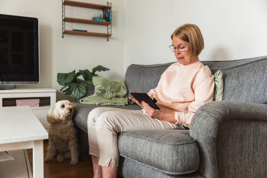 Senior woman reading on digital device on couch with pet dog