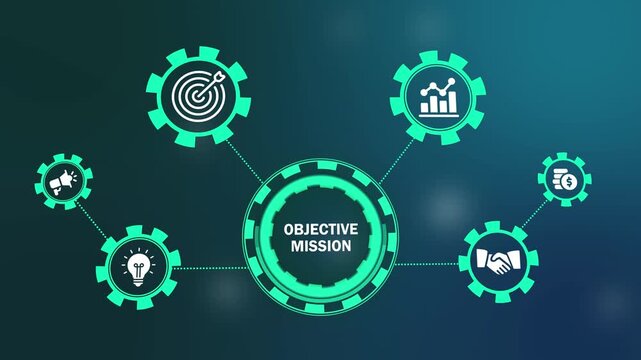 corporate business strategy and mission infographic motion graphic. digital business objective concept with interconnected gear icons. modern business communication and objective planning interface.