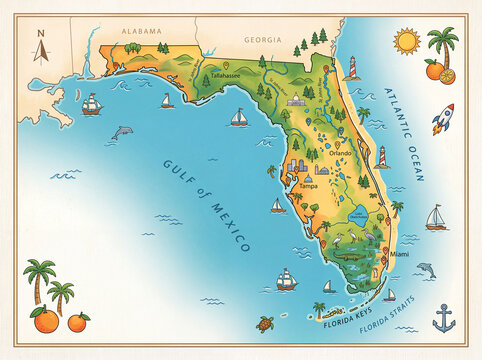 Florida Map &ndash; Carte de la Floride, &Eacute;tat des &Eacute;tats-Unis en illustration vectorielle