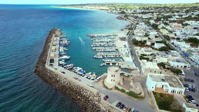 Marina di Pescoluse, Puglia &ndash; Torre Vado &ndash; opening aerial view from the harbor towards the sea