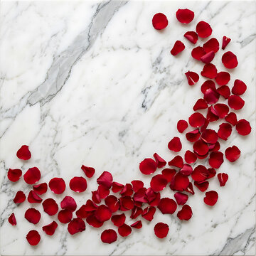 Red rose petals scattered across a luxurious white marble surface, creating an elegant background.