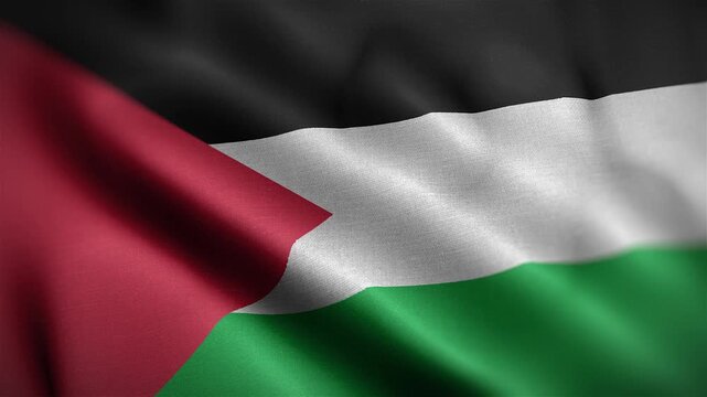 Cinematic close-up of a waving Palestinian flag, 4k resolution. High-quality patriotic background featuring soft motion and vibrant colors