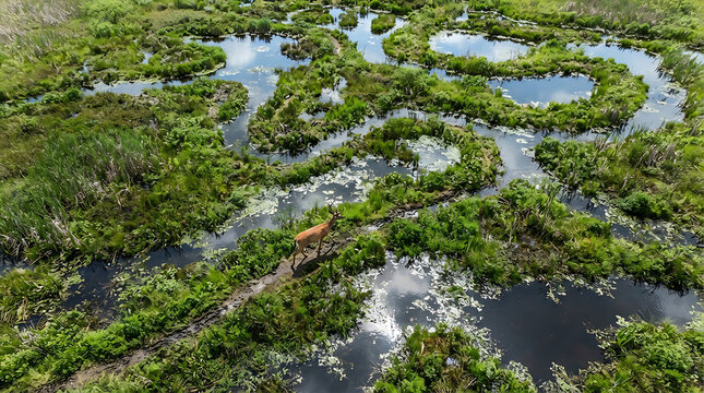 Roe deer traversing small dirt path through complex maze of flooded green swamp vegetation from aerial view.