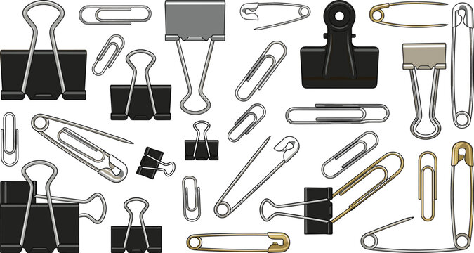 Office stationery paper clips and safety pins vector illustration set. Cartoon collection of metal binder clips, bulldogs clamps and paperclips isolated on white background
