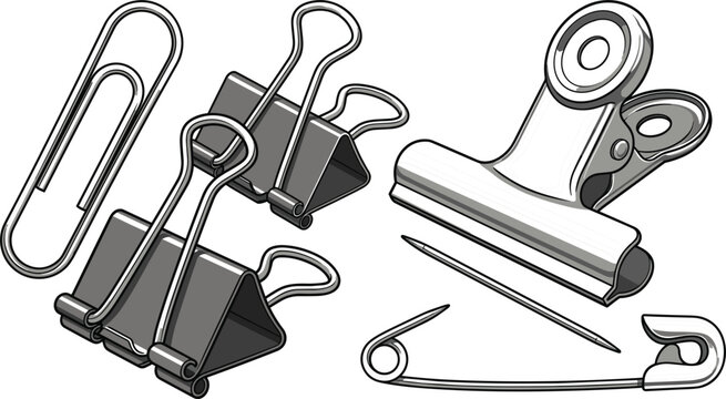 Office stationery metal clips and safety pin vector illustration set. Cartoon collection of binder clips, bulldog clamp, paper clip and needle isolated on white background