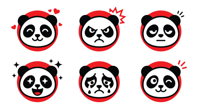Set of six cute panda emoji faces showing varied emotions and expressions.