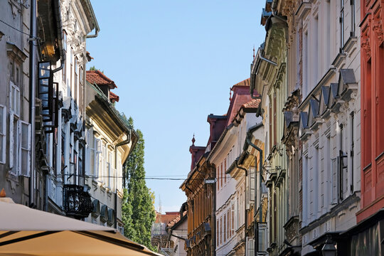 Colorful buildings in Ljubljana, Slovenia, on a sunny day