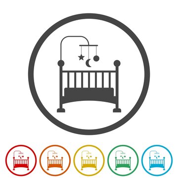 Baby bed sign icon. Set icons in color circle buttons