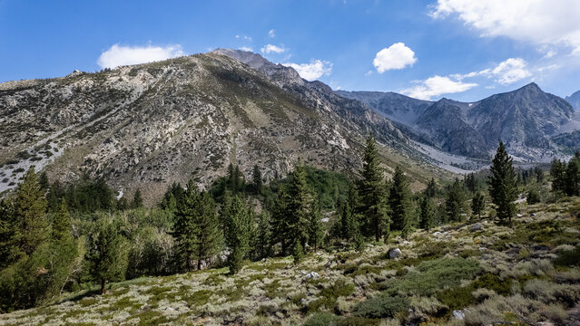 A view of the Big Pine Creek along the Big Pine Trail showing glacial trail in the mountains in the John Muir National Wilderness with the glacial terrain and mountains showing the trail.