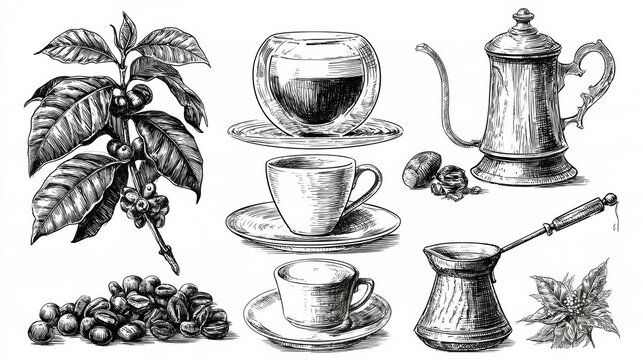 Hand-drawn illustrations highlight coffee plants and brewing methods from Ethiopia, Vietnam, Italy, Turkey, Colombia, and Brazil.