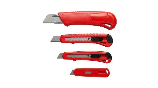 Four red utility knives of different sizes isolated on transparent background