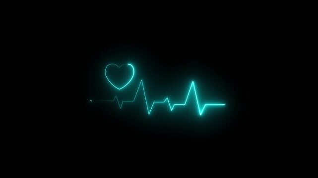 Cyan Neon Heart Pulse Animation on Black Background. Abstract neon heartbeat signal icon animation on a transparent background . motion graphic of a heart beat concept. 4k video