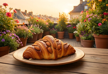 Fototapeta premium Breakfast lifestyle and gourmet pastry, almond croissant on a plate at a terrace garden during golden hour for luxury travel and culinary tourism