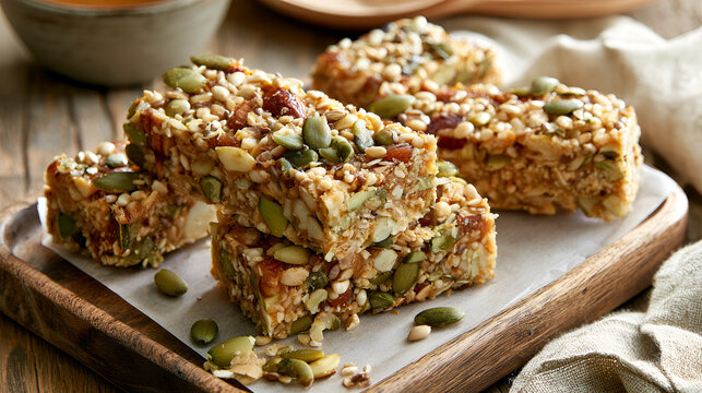 Pumpkin Seed Protein Bar Styled Fresh On A Rustic Wooden Tray