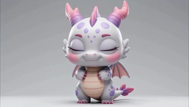 A cute little baby dragon with purple spots standing with eyes closed.