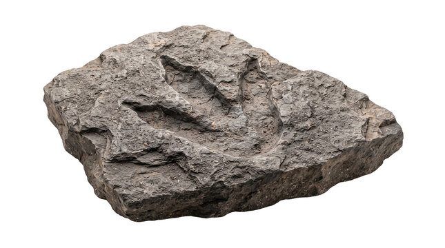 Fossilized dinosaur footprint on stone, prehistoric footprint fossil rock, grey stone dinosaur footprint specimen isolated on white background