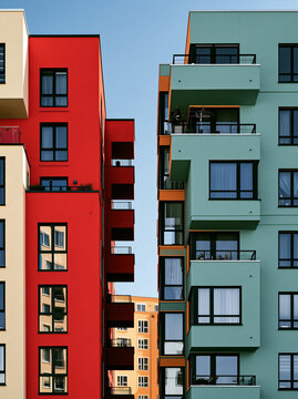 Colorful modern colorful buildings built side by side create striking visual contrast against clear blue sky. vibrant red and green facades architectural design, unique aluminium window