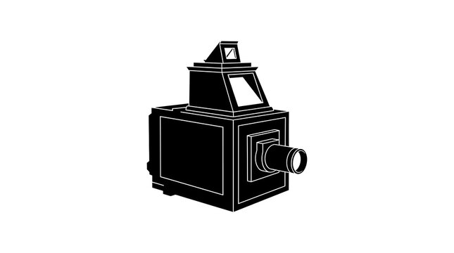 Black silhouette of an antique large format box camera on a white background, representing classic photography.