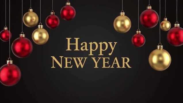 Elegant Happy New Year greeting card with hanging red and gold Christmas ornaments.