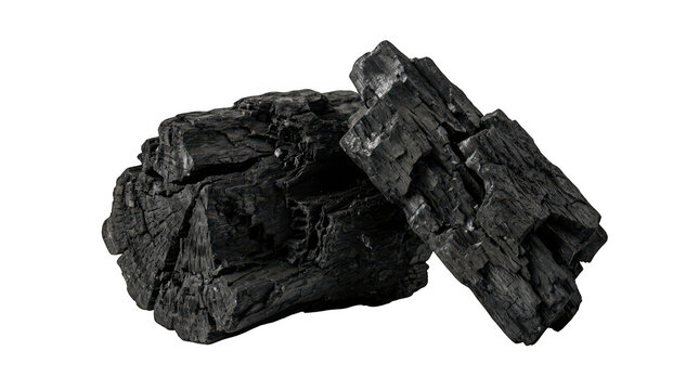 Natural hardwood charcoal pieces isolated on transparent background