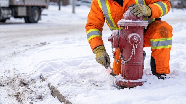 Worker clearing ice around frozen fire hydrant