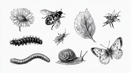 Obraz premium Various garden pests and beneficial insects like ladybugs, bees, caterpillars, and snails in a hand-drawn style.
