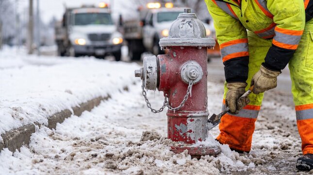 Worker removing snow from frozen fire hydrant