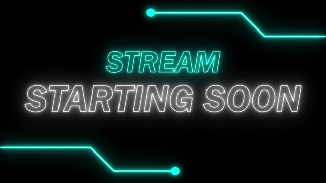 stream starting soon text neon glow with frame circuit board, live stream social media with stream blue and white starting soon concept for loading waiting animation on transparent background,4k video