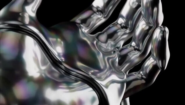 Abstract close up of a futuristic metallic liquid hand sculpture.