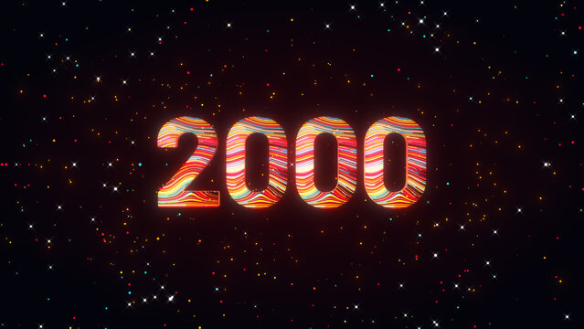 Vibrant 3D number 2000 illuminated by red, yellow, and multicolor flowing lines, glowing particles, and cosmic sparkles for a futuristic digital achievement concept.
