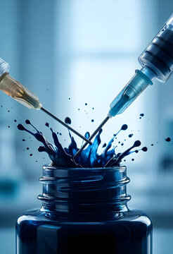 Vaccination and medical research, syringes injecting blue liquid into a glass vial for pharmaceutical development and healthcare innovation in a laboratory