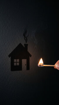 Burning match casts house shadow on dark wall