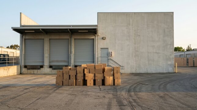 Stacked cardboard boxes outside closed loading dock doors at warehouse