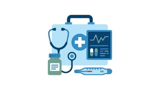 Medical equipment set featuring a doctor stethoscope alongside a healthcare kit box with tablets and a clinical thermometer for disease diagnosis and patient monitoring during daily nursing