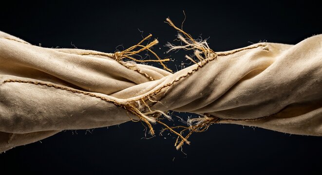 Frayed fabric rope, beige and dark colors, conceptual depiction of stress or breaking point
