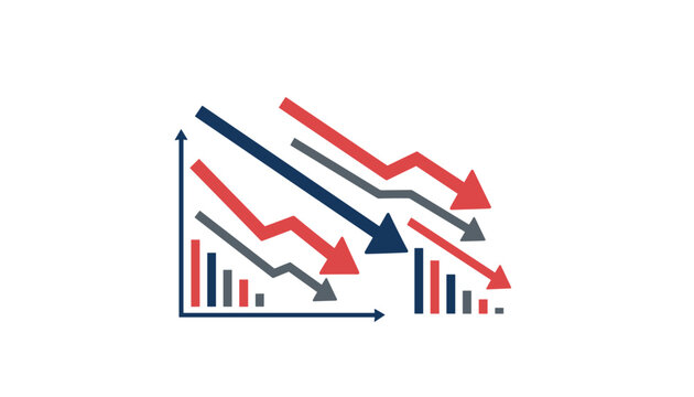 Downward financial chart with falling red and blue arrows and decreasing bar graphs indicating economic crisis or loss.