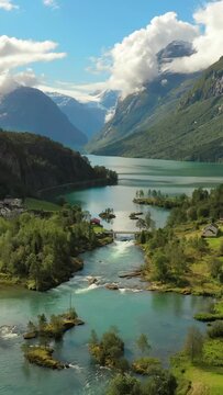 Aerial view of Lovatnet lake (loen lake) and mountain valley in Norway.
