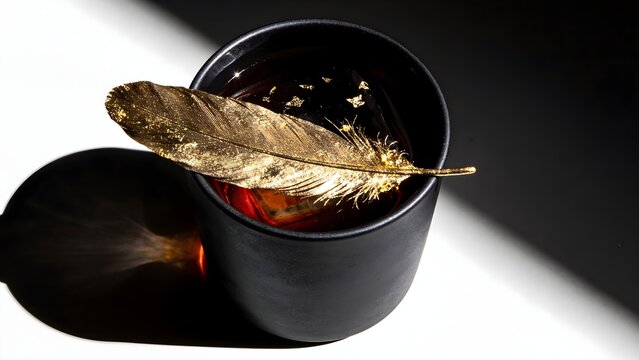 Classic Negroni Cocktail In Black Matte Ceramic Tumbler Topped With Plume Of 24k Gold Leaf