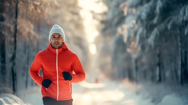 Man in red jacket runs on sunny winter forest trail exercise.