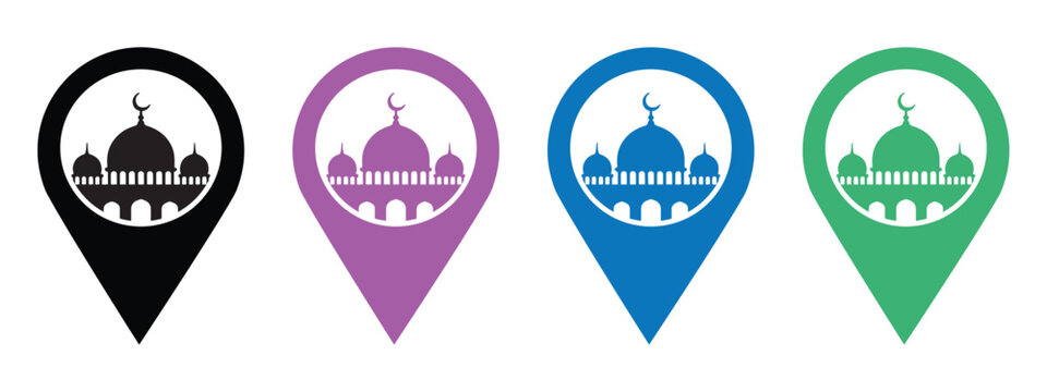 Mosque map pin icon collection, Islamic building location pointer symbols, multi colored set isolated on white background.